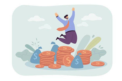 A man jumping off a pile of dollars and Bitcoin